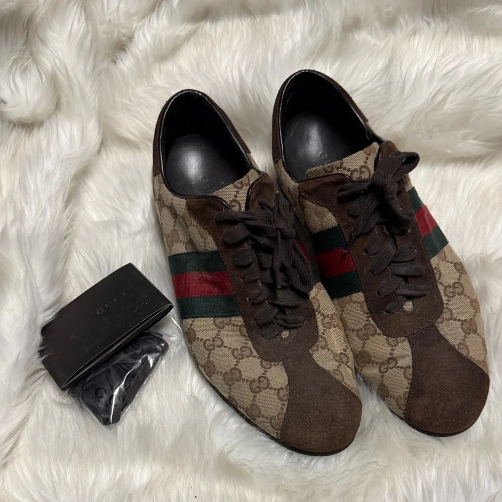 Gucci Men's Monogram Sneakers with Red and Green Accents Dark Brown Suede 9.5